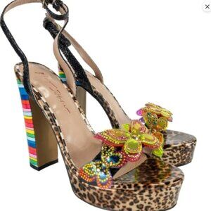 Betsey Johnson Women Sz 9 Noemi Platform Ankle Strap Sandal Leopard Multi